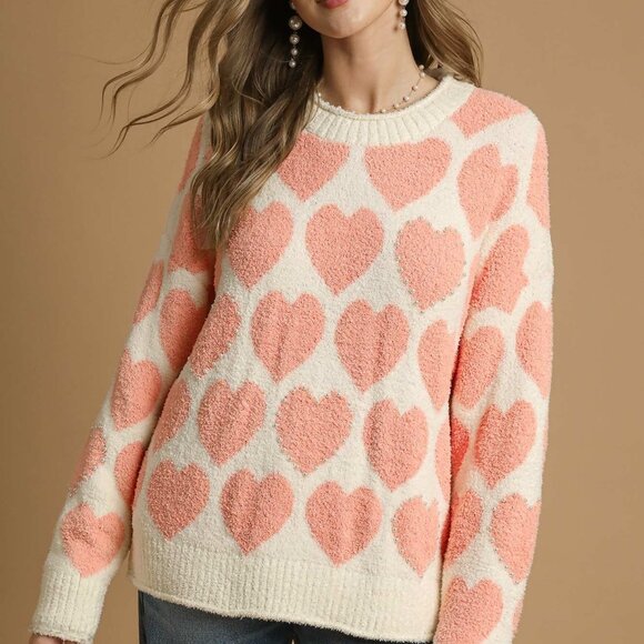 Umgee Mix Heart Pattern Pearl Accent Sweater - Picture 1 of 6